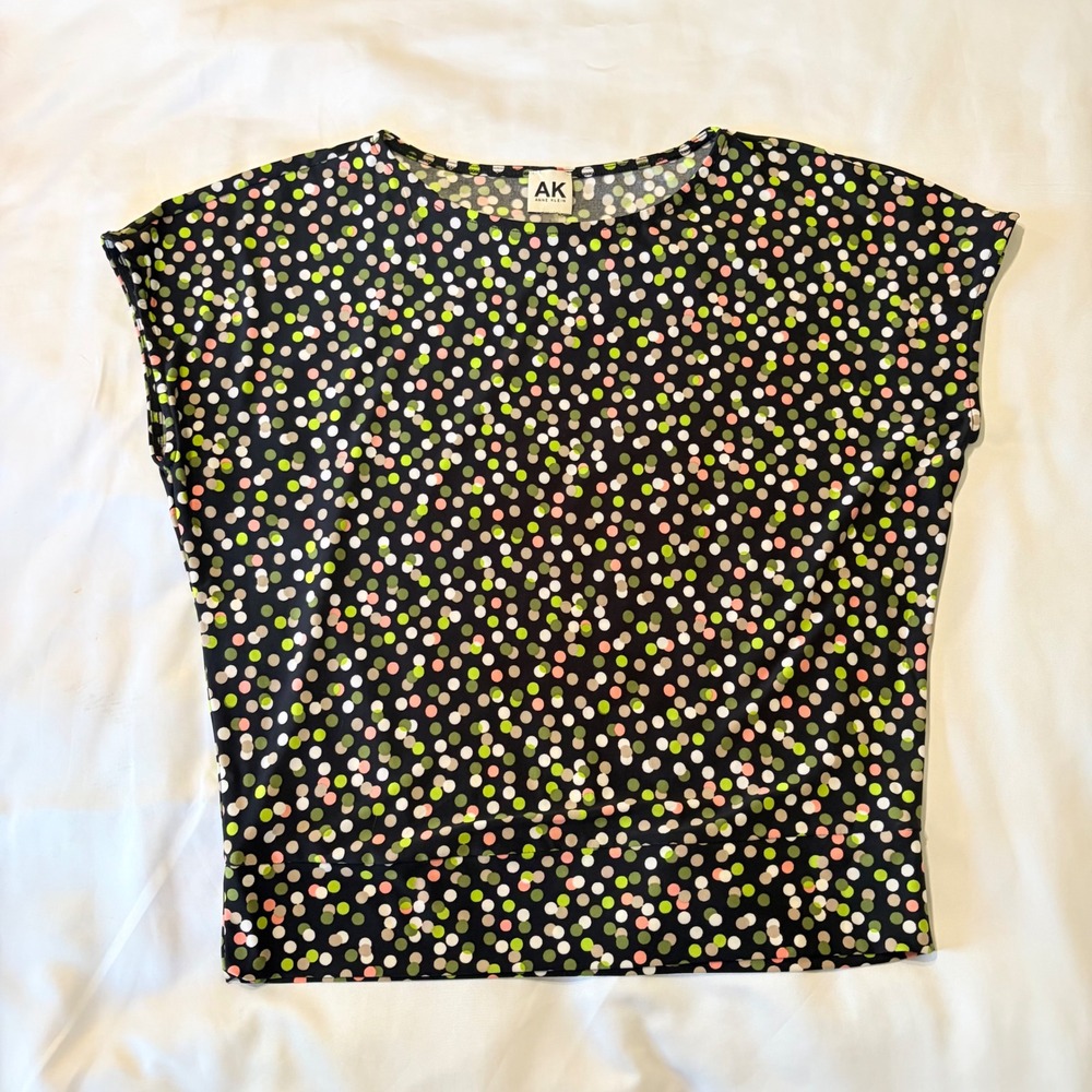 Anne Klein Women Black Multi Color Polka Dot Cap Sleeve Banded Hem Blouse Small